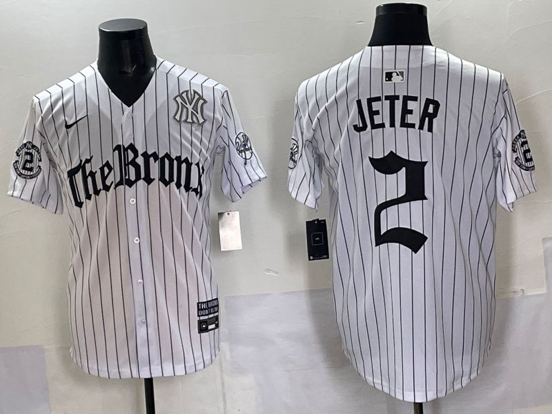 Men 2025 New York Yankees 2 Jeter White Stripe Five generations Joint Name Nike MLB Jersey style 09